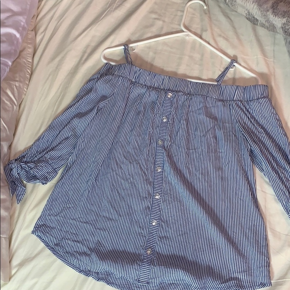 Blue and white off the shoulder stripped shirt